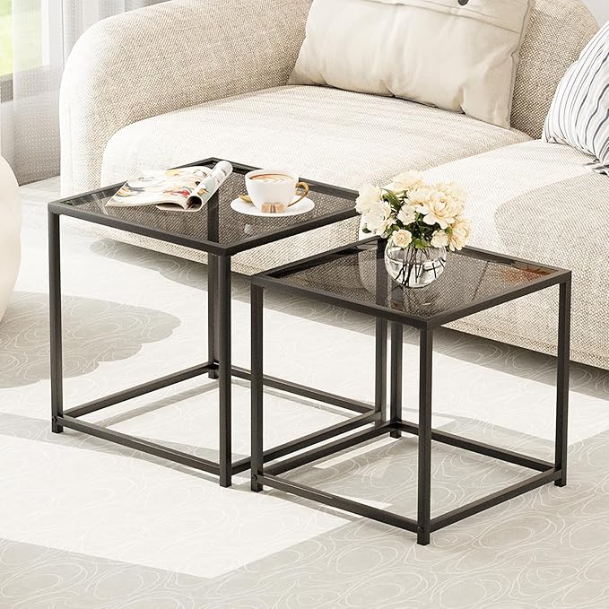 Garden 4 you Coffee Table Set of 2, Modern Glass Nesting Table, Metal Frame Square Center Table Set, Side Tables, Nesting Coffee Table for Living Room, Bedroom and Small Spaces, 19.7in Grey