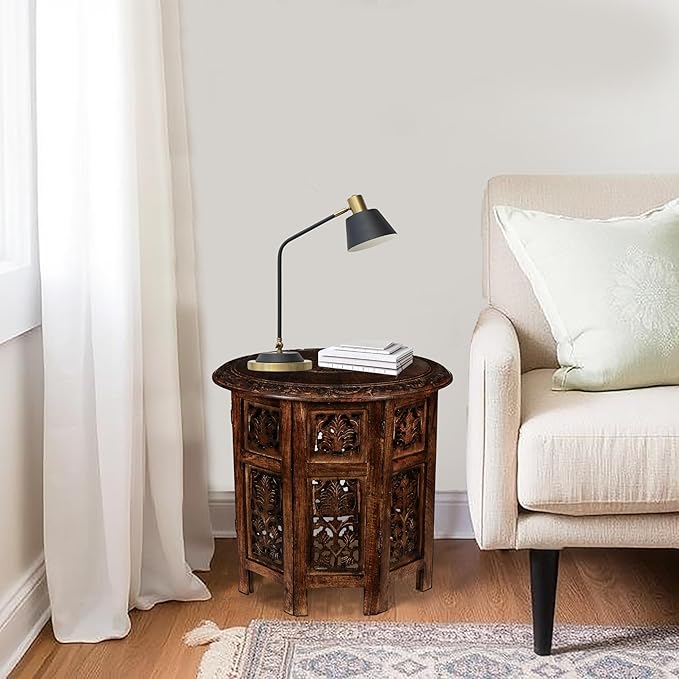 Round Wood Coffee Table - 18” Carved Small Accent Side Table with Burnt Finish, Wooden Altar Table, 18” Round Top x 18” Height, Perfect End Table for Living Room Décor