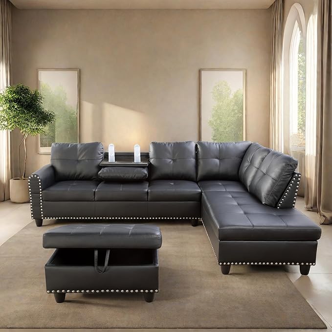 L Shaped Sectional Sofa with Ottoman, Nail-Head Design Leather Right Facing Modern Couches with Cup Holder for Living Room, Bedroom, Office, Black Leather
