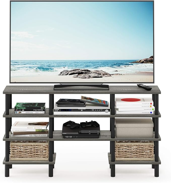 Furinno Turn-N-Tube 4-Tier Multipurpose Wide Shelf TV Stand, French Oak Grey/Black