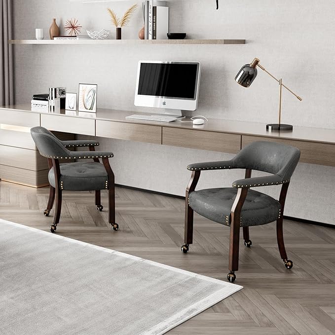 LEEMTORIG Large Dining Chairs with Casters and Arms, Rolling Dining Chairs with Wheels, Accent Game Chairs, Boss Caption's Chairs, 26"D x 25.2"W x 31.5"H, Espresso Legs & Dark Grey Fabric SY-318-GY