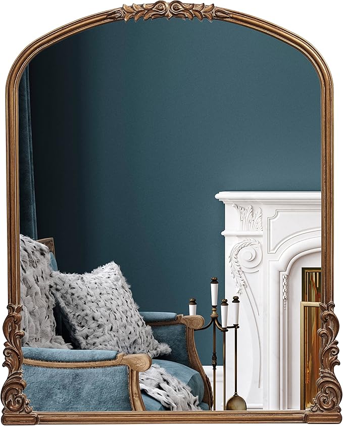 English Estate Carved Arch Wood Wall Mirror, Mirror for Entryway, Living Room, Bathroom, Antique Gold, 28.4x35