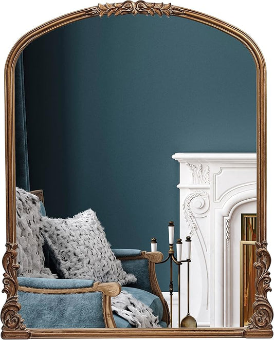 English Estate Carved Arch Wood Wall Mirror, Mirror for Entryway, Living Room, Bathroom, Antique Gold, 28.4x35