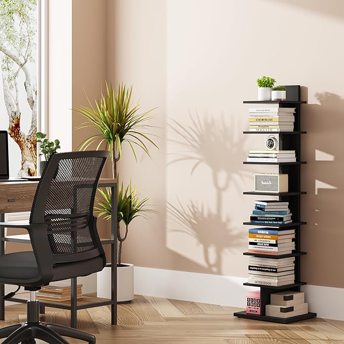 TUTOTAK Narrow Bookshelf, 8-Tier Bookcase, Spine Book Shelf for Small Space, Corner Standing Shelf for Living Room, Office, Study, Entryway, Black BS06BK008
