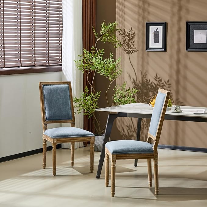 Merax Upholstered Solid Wood Dining Chairs Set of 2, French Country Style Accent Side Seating Furniture for Kitchen, Living Room, Cushioned Back, Slate Blue
