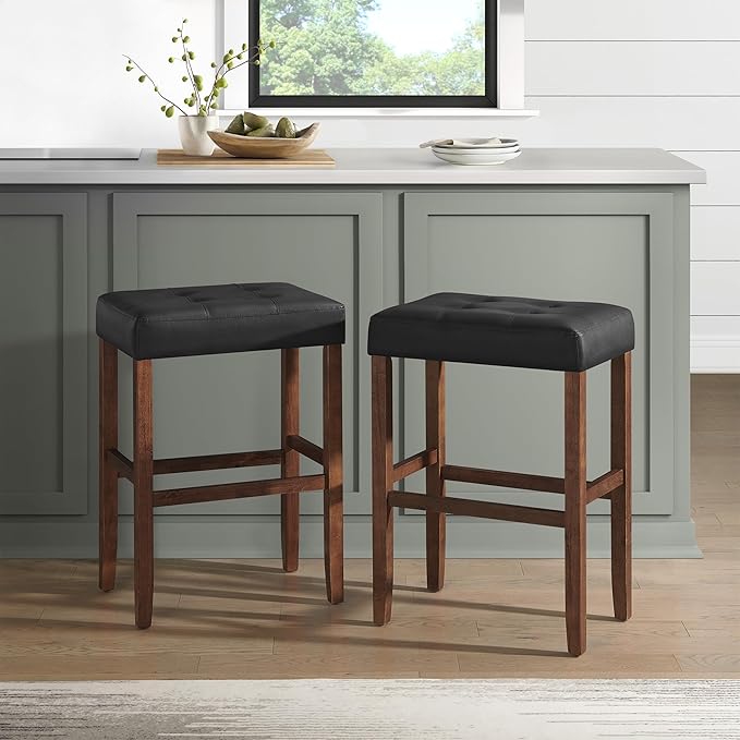 Alaterre Furniture Madison 30-Inch Bar Stool with Faux Leather Seat - Barstool for Kitchen Island or Bar - Backless Barstools (Walnut/Black)