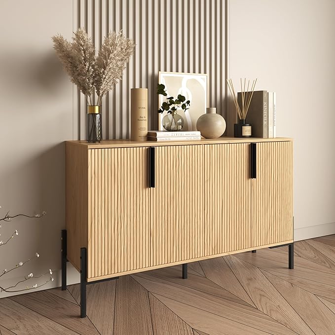 4 Doors Sideboard Buffet Cabinet with Adjustable Shelves, Modern Accent Sideboard with Golden Legs, Wide Storage Cabinet for Kitchen, LivingRoom,Natural