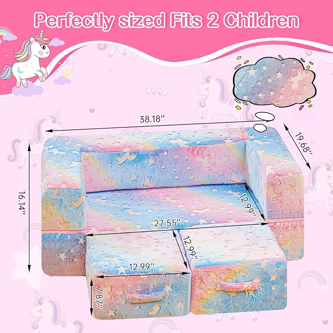 Lamerge Toddler Couch Glow in The Dark Toddler Fold Out Couch for playroom, Convertible Baby Fold Out Play Foam and Floor Cushion for Bedroom (Rainbow+Unicorn)