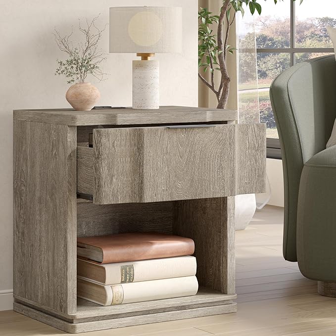 Night Stand with Charging Station, Wooden Mid Century Modern Nightstand with Drawer, Bed Side Table with Storage, Large Rustic Farmhouse End Tables for Bedroom Living Room Office