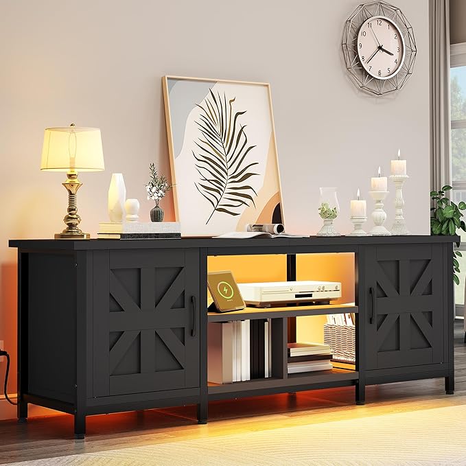 YITAHOME TV Stand with LED Lights & Charging Station, Farmhouse Entertainment Center with Storage Cabinets & Shelves, Cross-Pattern Doors, Fits TVs up to 70'', TV Consoles for Living Room, Black