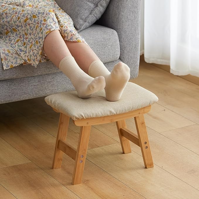 Foot Stool Ottoman Foot Rest Under Desk,Small Stool for Living Room, Bedroom and Kitchen (Natural Legs - Beige Stool Surface)