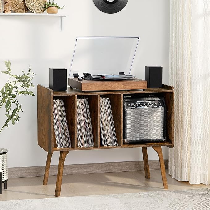 Lerliuo Record Player Stand with 4 Cabinet Holds Up to 220 Albums, Large Turntable Stand with Beech Wood Legs, Mid-Century Record Player Table,Brown Vinyl Holder Storage Shelf for Bedroom Living Room