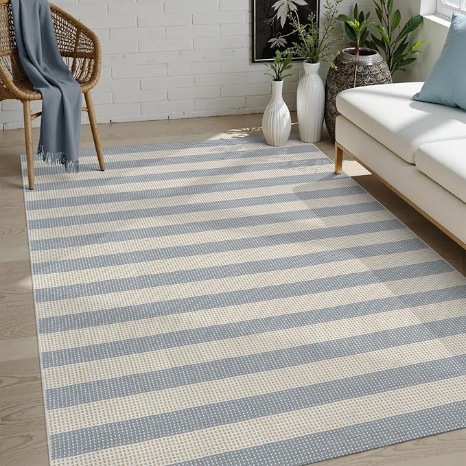 OJIA Striped Outdoor Area Rug 5'x7' Outdoor Rug, Washable Patio Rug Farmhouse Cotton Woven Bedroom Rugs Indoor Outdoor Rugs Living Room Carpet for Dining Room Deck Backyard Camping (Blue/White/Tan)