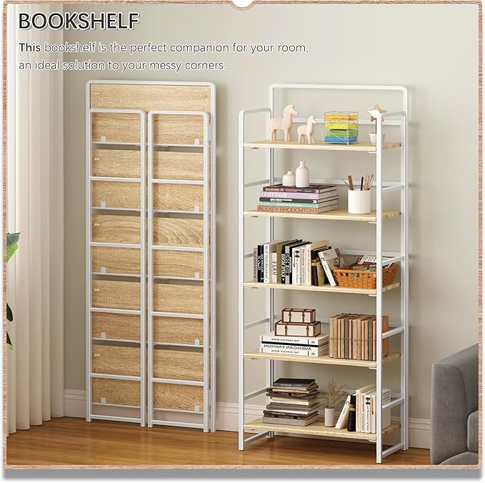 4NM No-Assembly 5 Tiers Folding Bookshelf Storage Shelves Vintage Bookcase Standing Racks Study Organizer Home Office (Natural White)
