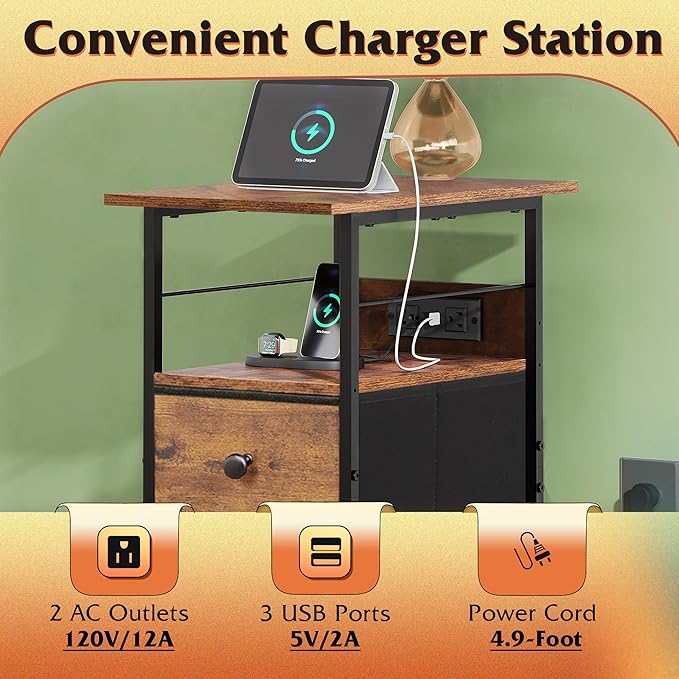 WLIVE Narrow Side Table with Charging Station, End Table with LED Lights,2 Fabric Drawers and Open Shelf, Bed Side Tables Living Room, Small Spaces, Bedroom, Night Stand with Charger Station