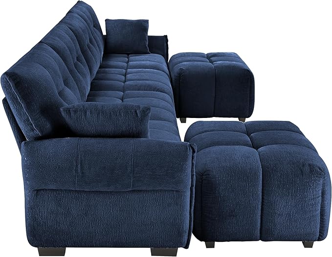 Modern Chenille Fabric 4-Seat Sofa w/Two Ottoman+2 Pillows, Premium Upholstery Living Room Couch with Tufted Backrest & Comfortable Armrests and High-Resilience Memory Foam Cushions,Blue