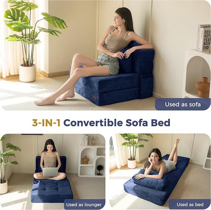 MAXYOYO Convertible Sofa Bed, Fold Out Single Sleeper Sofa with Pillow, 4 in 1 Tufted Folding Couch Bed Foam Floor Couch, Lazy Chair for Living Room Bedroom Guest Room, Navy
