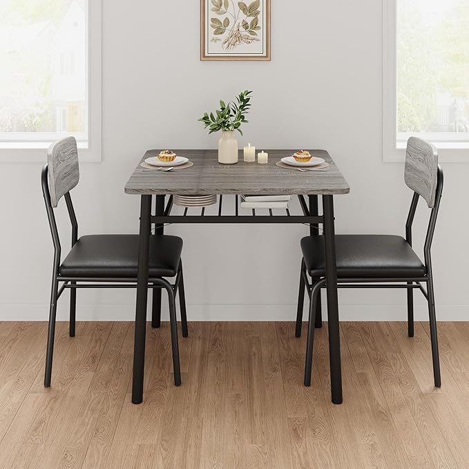 GAOMON 3-Piece Dining Table Set for 2, Wood Kitchen Table Set with Built-in Storage Rack,Small Kitchen Table with Upholstered Chairs and Metal Frame for Small Spaces，Gray
