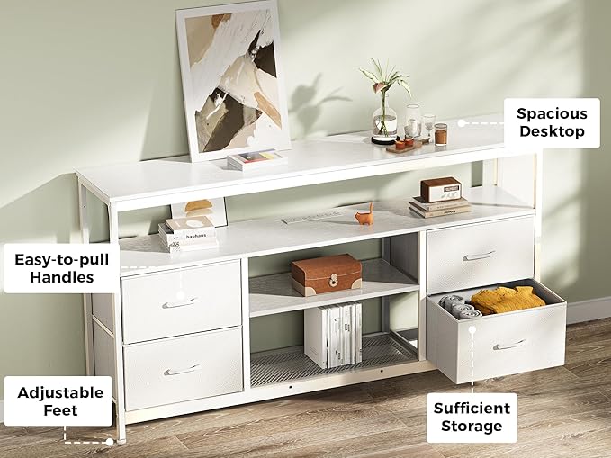 Huuger TV Stand Dresser with Power Outlets and LED Lights, 4 Drawers Entertainment Center with Shelves, 54 Inch Media Console for 55 60 Inch TV, 4 AC Outlets, 2 USBs, Dresser with PU Finish, White