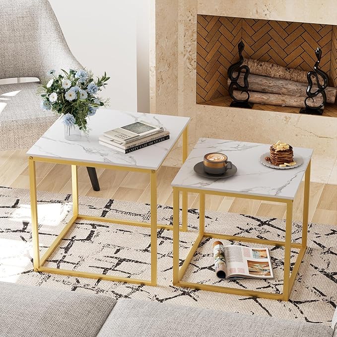 Garden 4 you Coffee Table Set of 2, Modern Engineered Wood Nesting Table, Metal Frame Square Center Table Set, Side Tables, Nesting Coffee Table for Living Room, Bedroom and Small Spaces, 19.7in Gold