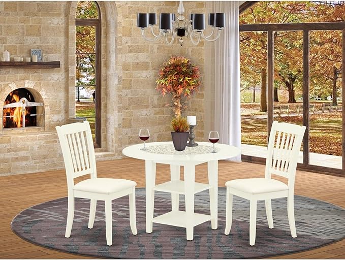 East West Furniture SUDA3-LWH-C 3 Piece Dining Table Set Contains a Round Dining Room Table with Dropleaf & Shelves and 2 Linen Fabric Upholstered Chairs, 42x42 Inch, Linen White