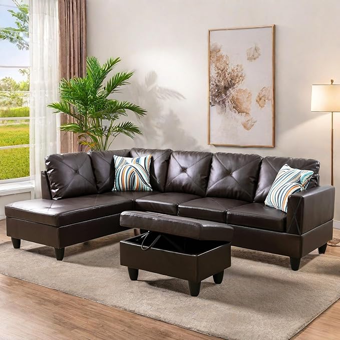 Leather Sectional Couch, Modern L Shaped Couches for Living Room, Comfy 4 Seat Modular Sectional Sofa with Ottoman Storage for Bedroom Apartment, Brown