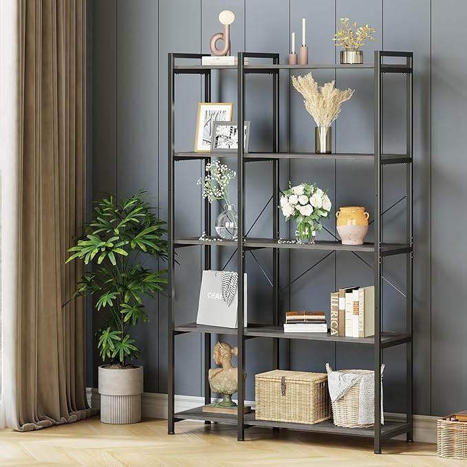 Tohomeor Bookshelf 5 Tier Deformable Corner Bookcase Free Standing Modern Industrial Book Storage Display Book Shelf for Bedroom Living Room Study Room Office (Dark Grey)