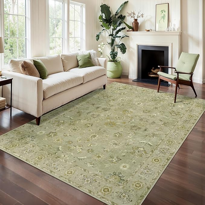 Tangsoo 3x5 Area Rug Floral Rug for Bedroom, Washable Vintage Rugs Indoor, Non Slip Accent, Print Distressed Flaxen Green Carpet, Soft Low Pile for Living Room Dorm Bedroom Bedside Entryway