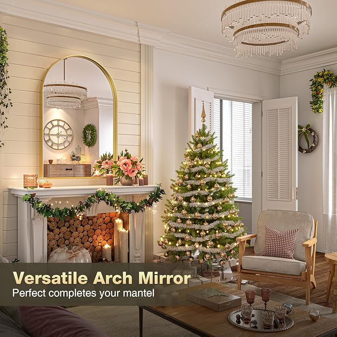 Brightify Gold Arched Mirror, 24 x 32 Inch Arch Wall Mirror, Brass Metal Frame Bathroom Mirror, Arched Top Bathroom Vanity Mirror for Living Room Bedroom Mantel Entryway Hallways