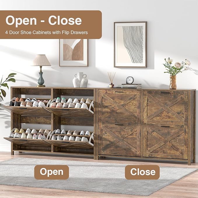 47" W Large Shoe Storage Cabinet with 4 Flip Drawers, Freestanding Hidden Shoe Cabinet Organizer with Adjustable Shelf, Narrow Shoe Cabinet for Entryway Hallway Living Room
