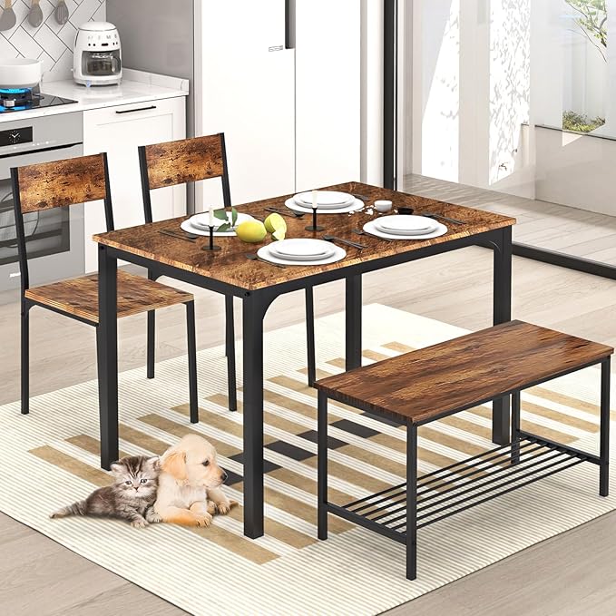 SogesHome Kitchen Table Set for 4, Compact Dining Table Chair Set with Bench, Built-in Storage Racks, Metal Frame, for Apartment, Restaurant, Vintage Brown