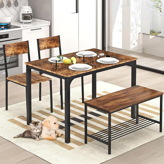 SogesHome Kitchen Table Set for 4, Compact Dining Table Chair Set with Bench, Built-in Storage Racks, Metal Frame, for Apartment, Restaurant, Vintage Brown