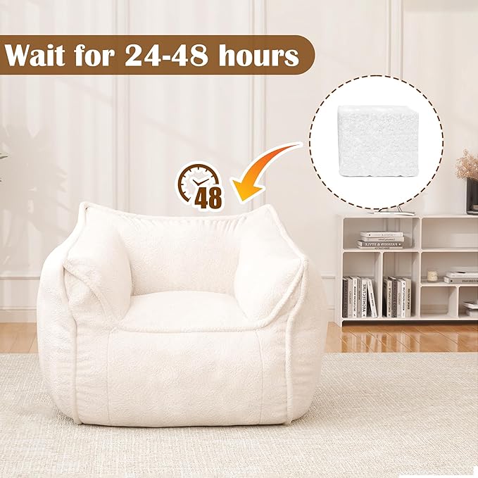 Giant Bean Bag Chair, Bean Bag Chair with Armrest for Adults, 45“W x 43.5" D Large Bean Bag Chair with Filler, Big Comfy Washable Sofa Chair for Living Room, Bedroom, Cream White