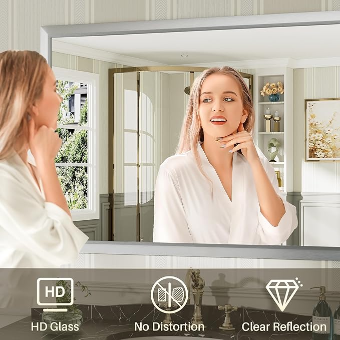 40x30 Inch Silver Bathroom Mirror for Wall, Thick Metal Framed Rectangle Mirrors for Over Sink, Bedroom, Living Room, Entryway, Anti-Rust, HD Tempered Glass