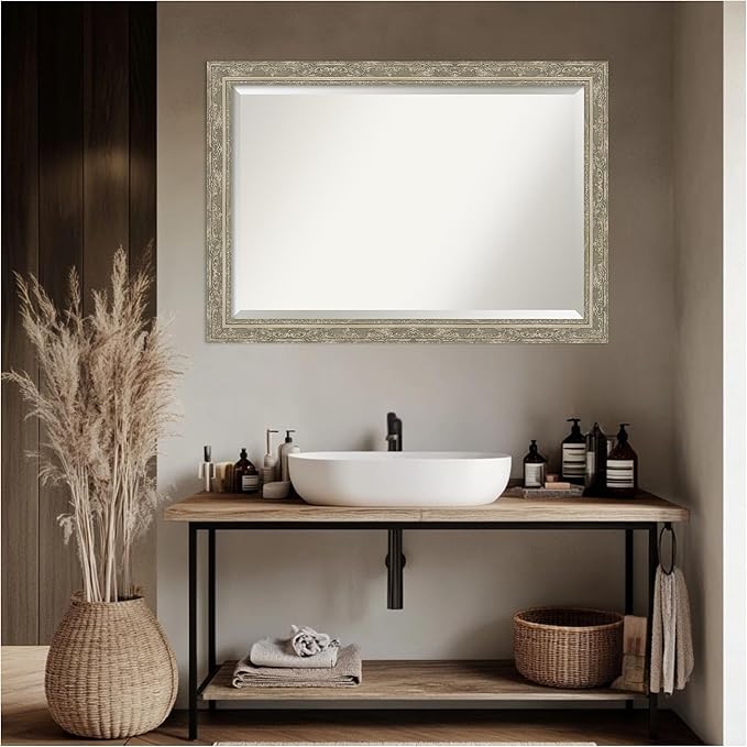 Amanti Art Bathroom Mirror for Over Sink, 29x41 Filigree Silver Rectangle Vanity Mirror, Large Traditional Frame, Hangs Horizonally and Vertically, Bathroom Wall Decor, Beveled Edge
