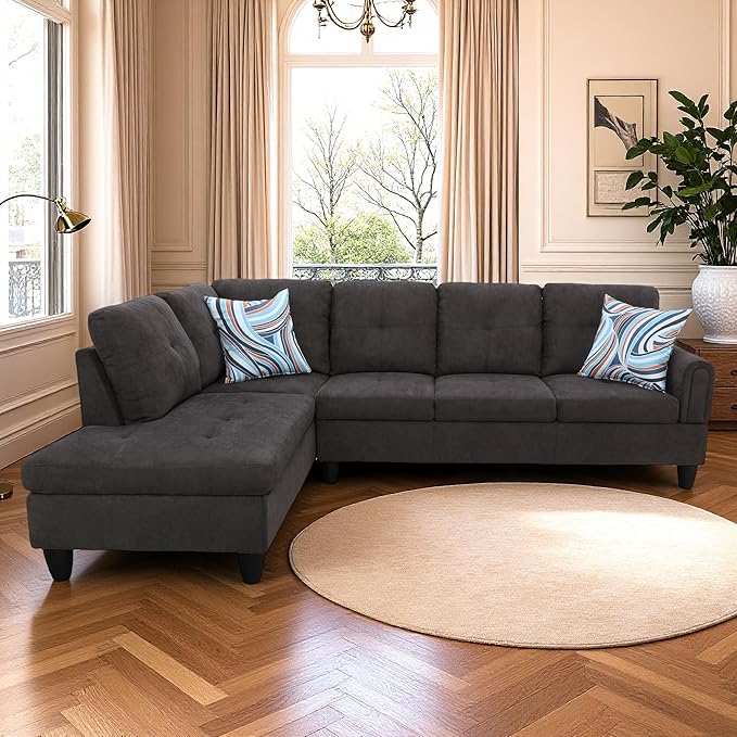 L Shaped Couch Sectional Couches with Chaise, Fluffy Fabric 3 Pieces Modular Convertible Sofa for Living Room Furniture Sets and Small Apartment, Dark Brown