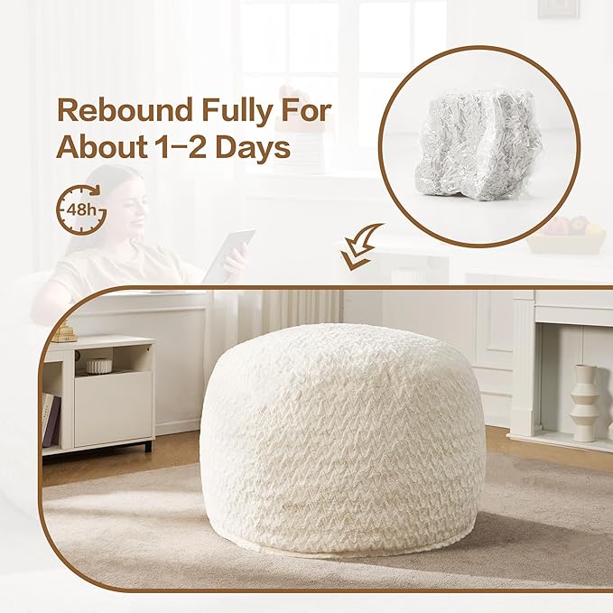Hobestluk 3ft Bean Bag Chairs for Adults Large Beanbag Chair with Chevron Plush Fur Cover Big Bean Bag Chair for Living Room Bedroom Dorm Office - White (36” x 36” x 22”)