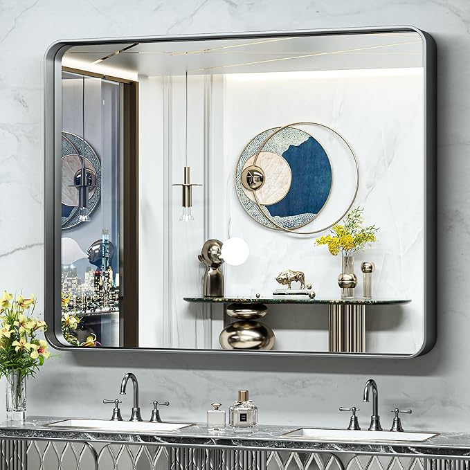 TokeShimi 48x40 Inch Wall Mirror Black Bathroom Vanity Mirror with Metal Frame Aluminum Alloy Soft Rounded Corner for Modern Farmhouse Wall Decor 1”Deep Set Design (Horizontal/Vertical)