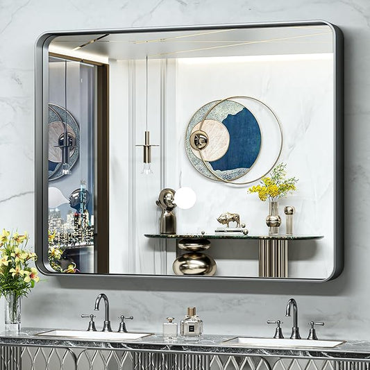 TokeShimi 48x40 Inch Wall Mirror Black Bathroom Vanity Mirror with Metal Frame Aluminum Alloy Soft Rounded Corner for Modern Farmhouse Wall Decor 1”Deep Set Design (Horizontal/Vertical)