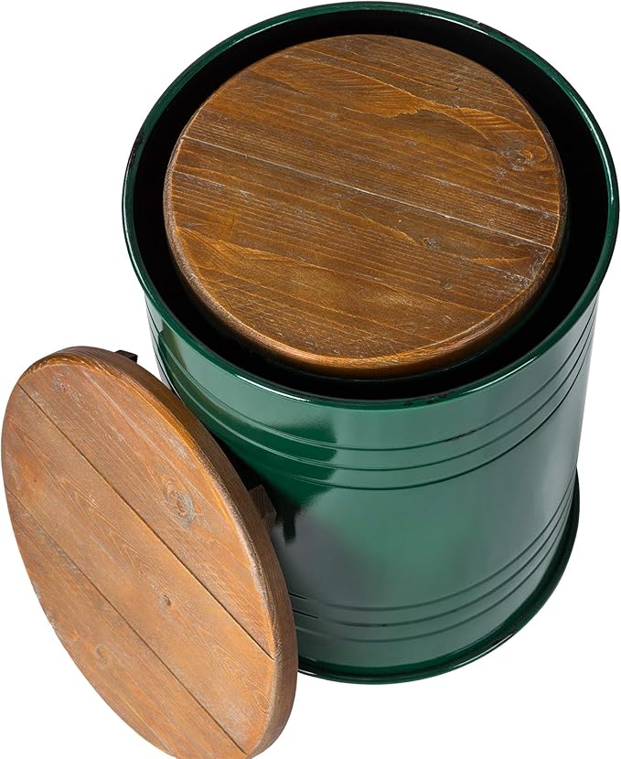 Glitzhome Farmhouse Accent Side Table, Metal Storage Stool Ottoman with Round Lid - Galvanized Coffee Cocktail End Tables Set of 2 for Living Room Bedroom, Hunter Green