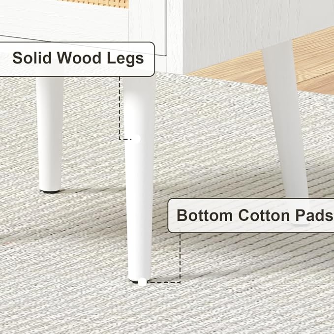 Nightstand Rattan with Charging Station, Mid Century Modern Bed Side Table, Boho End Table with Wood Legs, Bedside Tables for Bedroom Living Room (2, White, 11.8" D x 15.9" W x 23.4" H (1 Drawers))