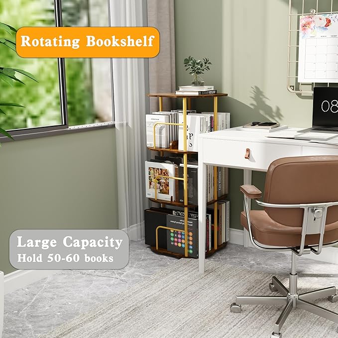 3-Tier Rotating Bookshelf, 360 ° Display Stackable Spinning Bookshelf Tower, Narrow Space Saving Tall Floor Standing Swivel Bookcase Corner Organizer for Bedroom, Living Room, Gold