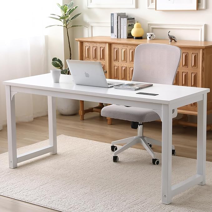 Large Computer Desk - 63 Inch Home Office Desks Study Student Writing Table Gaming Desk Wood Modern Simple Table with USB Ports, White
