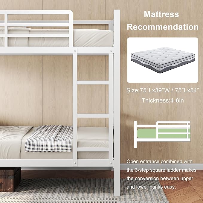 Feonase Metal Bunk Bed Twin Over Twin with Ladder and High Guardrail, Heavy-Duty Metal Slats Support, Noise Free, No Box Spring Needed, for Kids and Juniors, Black