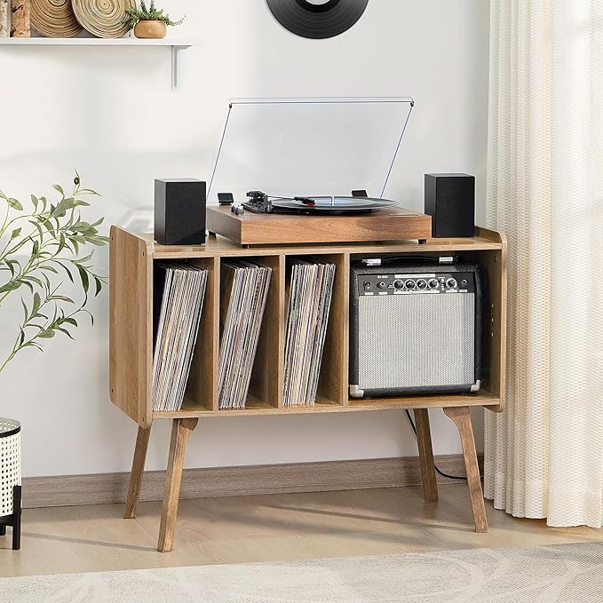 Lerliuo Record Player Stand with 4 Cabinet Holds Up to 220 Albums, Large Turntable Stand with Beech Wood Legs, Mid-Century Record Player Table
