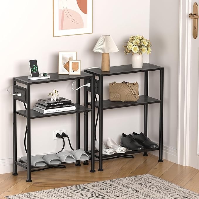 Small Narrow Side Table with Charging Station, Skinny End Table for Small Spaces, Slim Nightstand with Outlets, Sofa Bedside Table in Living Room, Bedroom, Study, Kitchen and Balcony(Grey)
