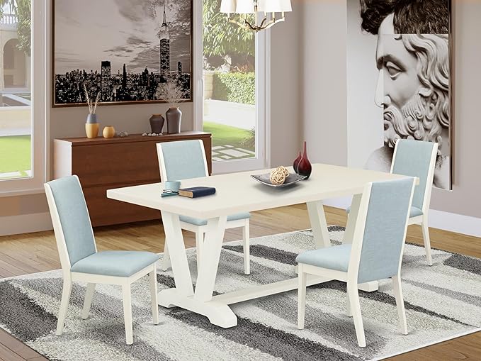 East West Furniture V027LA015-5 5 Piece Dining Room Table Set Includes a Rectangle Kitchen Table with V-Legs and 4 Baby Blue Linen Fabric Parson Dining Chairs, 40x72 Inch, Multi-Color