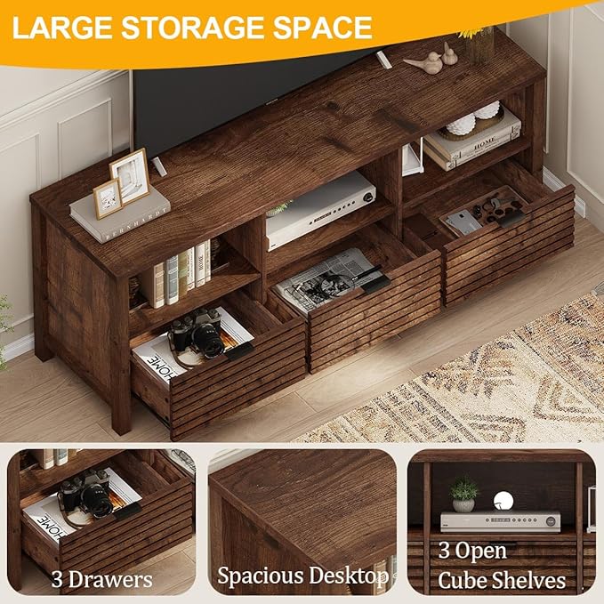 BON AUGURE TV Stand, Mid Century Modern Media Console for 65/55/50 Inch TVs, Wood Fluted Entertainment Center with Storage for Living Room, Bedroom (Rustic Oak)