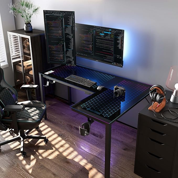 EUREKA ERGONOMIC RGB LED Lights 60 Inch L Shaped Reversible Black Glass Gaming Desk Home Office Computer Table GTG L60