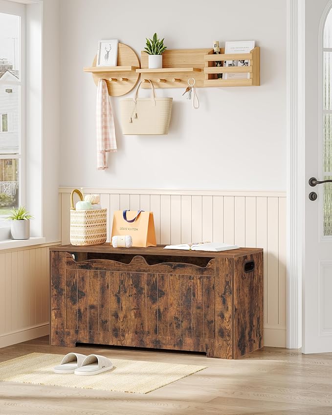 39.4" Storage Chest, Storage Bench Trunk with 2 Safety Hinge, Wooden Box, Lift-Top Chest Organizer, Shoe Bench for Entryway, Bedroom, Living Room, Rustic Brown SB01001X
